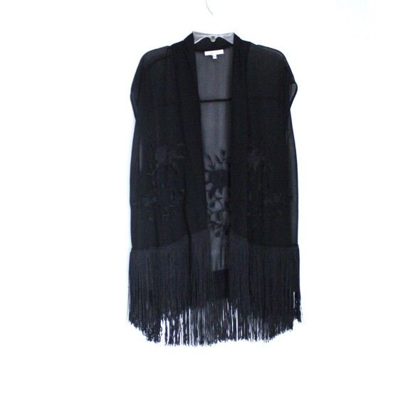 Vintage Lucy Paris Fringed Vest Woman's Size L Floral Appliques Sheer Black - Picture 2 of 4